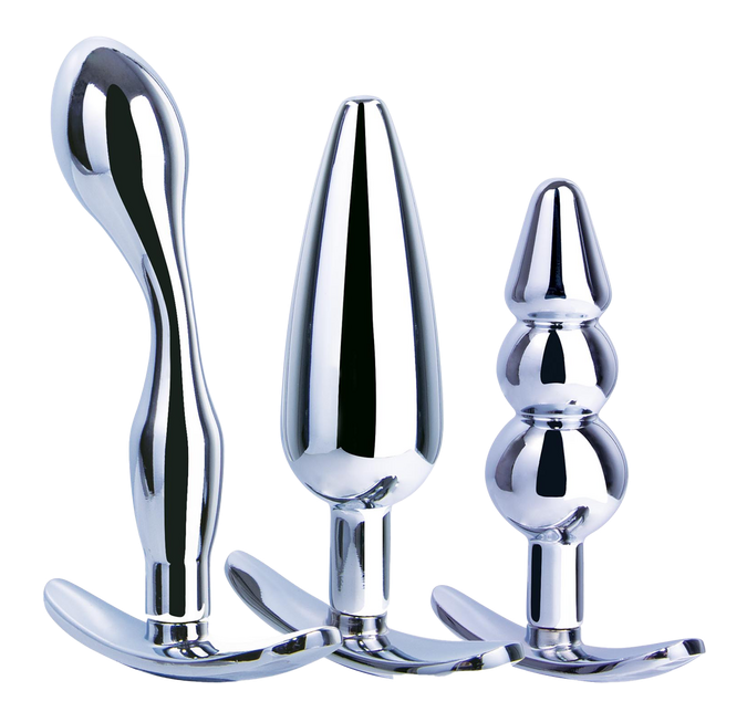 Excellent Power Hardware Gear - 3 in 1 Metal Butt Plug Kit Set (Chrome)