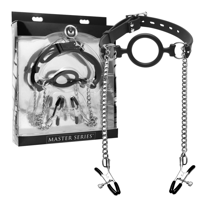 Master Series Mutiny Silicone O-Ring Gag With Nipple Clamps