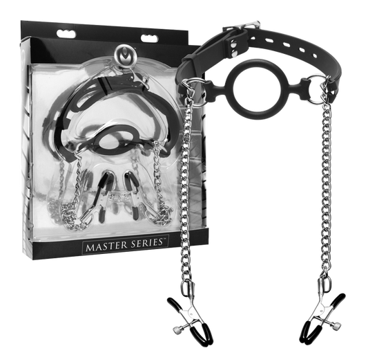 Master Series Mutiny Silicone O-Ring Gag With Nipple Clamps