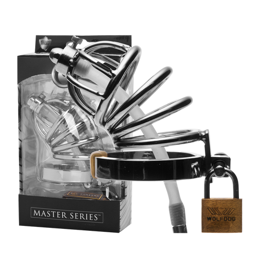 Master Series Stainless Steel Chastity Cage With Silicone Urethral Plug