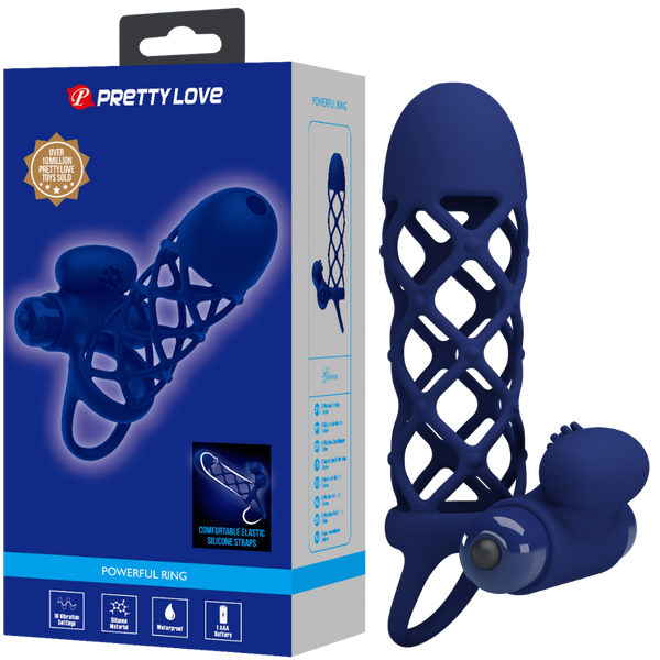 Pretty Love Powerful Ring Giann Vibrating Cock Ring w Cage Sleeve Navy Blue