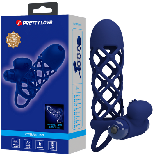 Pretty Love Powerful Ring Giann Vibrating Cock Ring w Cage Sleeve Navy Blue
