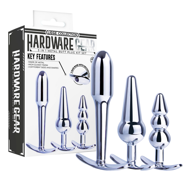 Excellent Power Hardware Gear - 3 in 1 Metal Butt Plug Kit Set (Chrome)
