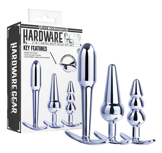 Excellent Power Hardware Gear - 3 in 1 Metal Butt Plug Kit Set (Chrome)
