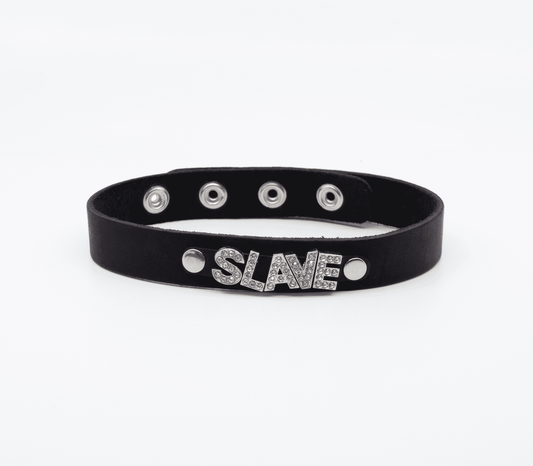 Love In Leather 'SLAVE' Diamanté Word Thin Leather Collar