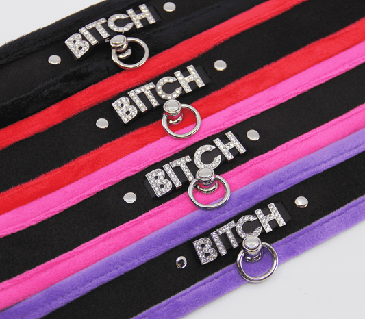 Love In Leather 'BITCH' Diamanté Word Soft & Fluffy Collar