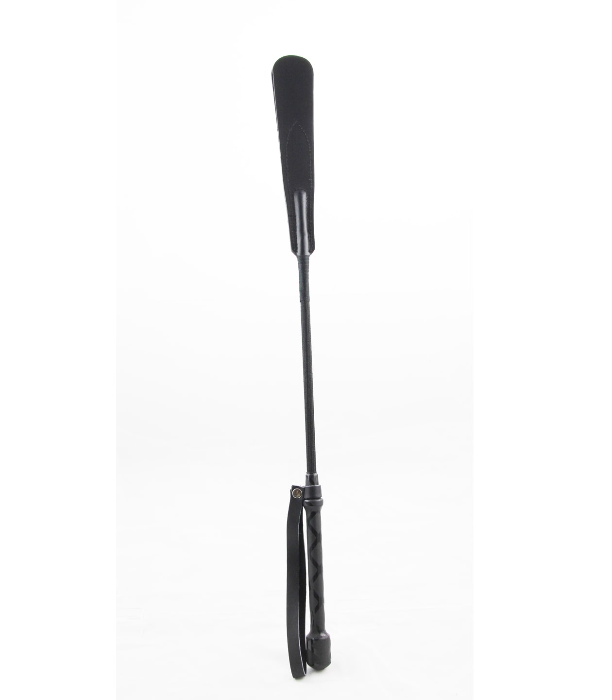 Love In Leather Riding Crop With Wide Split Leather Slapper Tab, Latex Patterned Handle And Wrist Strap CRO021