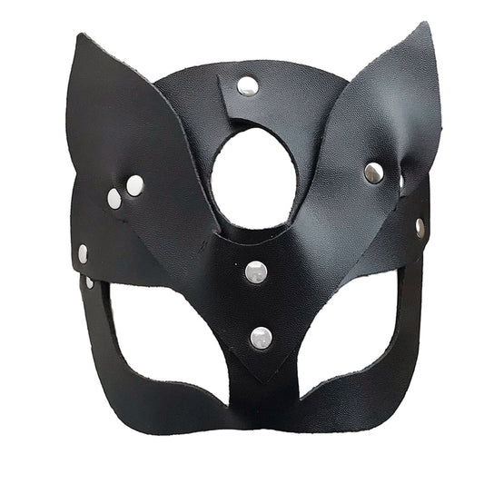 Love In Leather Half Face Leather Mask With Cat Ears And Silver Stud Detail