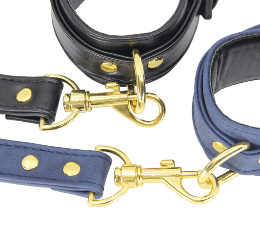 Love In Leather Faux Leather Wrist Handcuffs In Blue Faux Suede Leather & Black Faux Flat Leather