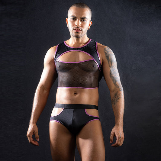 Love In Leather LIN163 Mens Sleeveless Top & Trunks With Cut Outs One Size