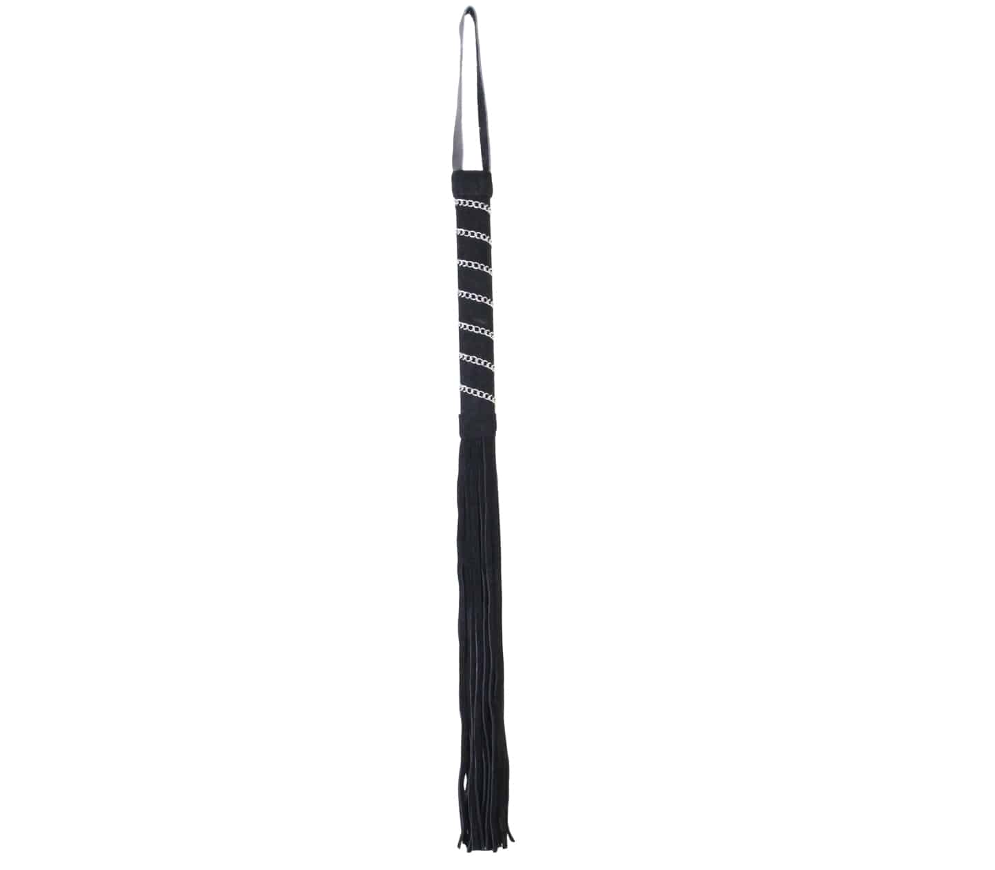 Love In Leather Long Black Suede Leather Flogger With Wrap Around Chain Detail Handle WHI038