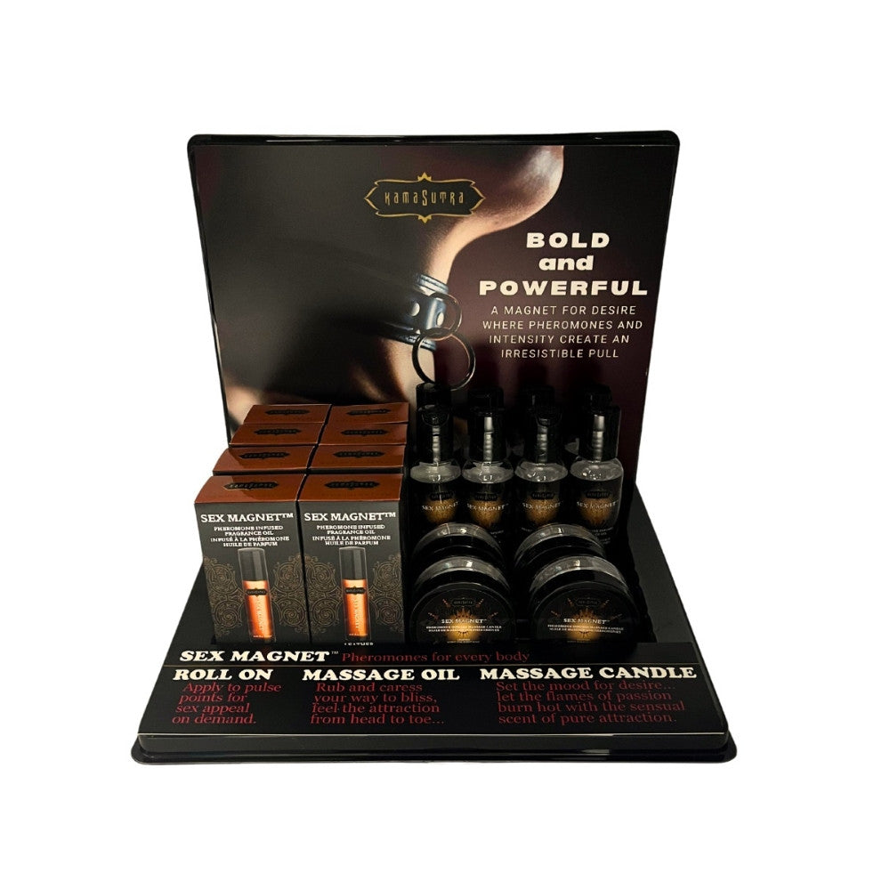 Kama Sutra Sex Magnet Pheromone Leather Prepack Display 20 Units - 8 Roll On Fragrance, 8 Massage Oils, 4 Massage Candles