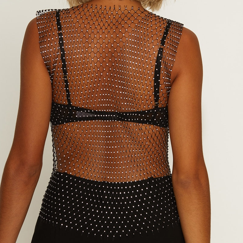 Muse Lingerie Black Mesh Diamante Studded Mesh Top One Size