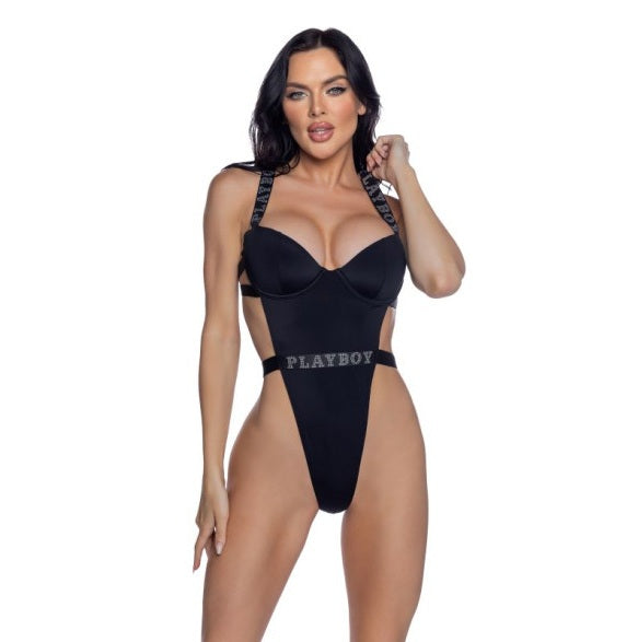 PlayBoy Black High-Leg 1 Pc Swimsuit with Rhinestone Logo Size XS/S/M/L