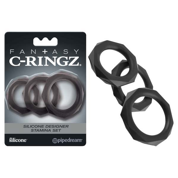 Pipedream Fantasy C-Ringz Silicone Designer Stamina Set - Black Cock Rings - Set of 3 Sizes