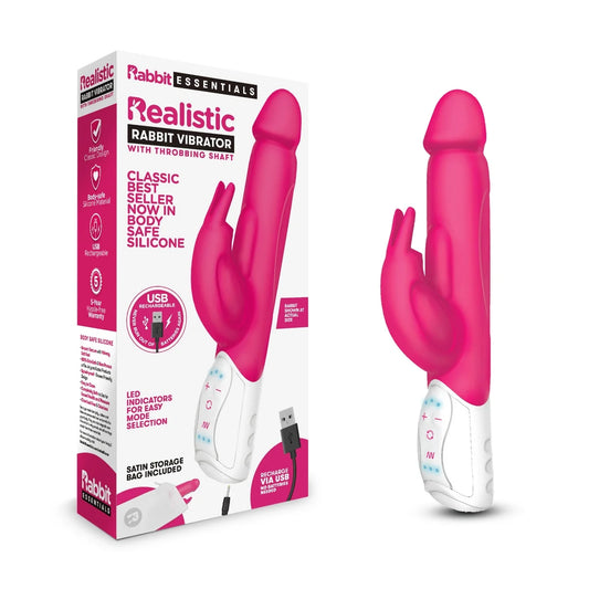 Rabbit Essentials – Realistic Throbbing Shaft 3 Motor Rabbit Vibrator Hot Pink
