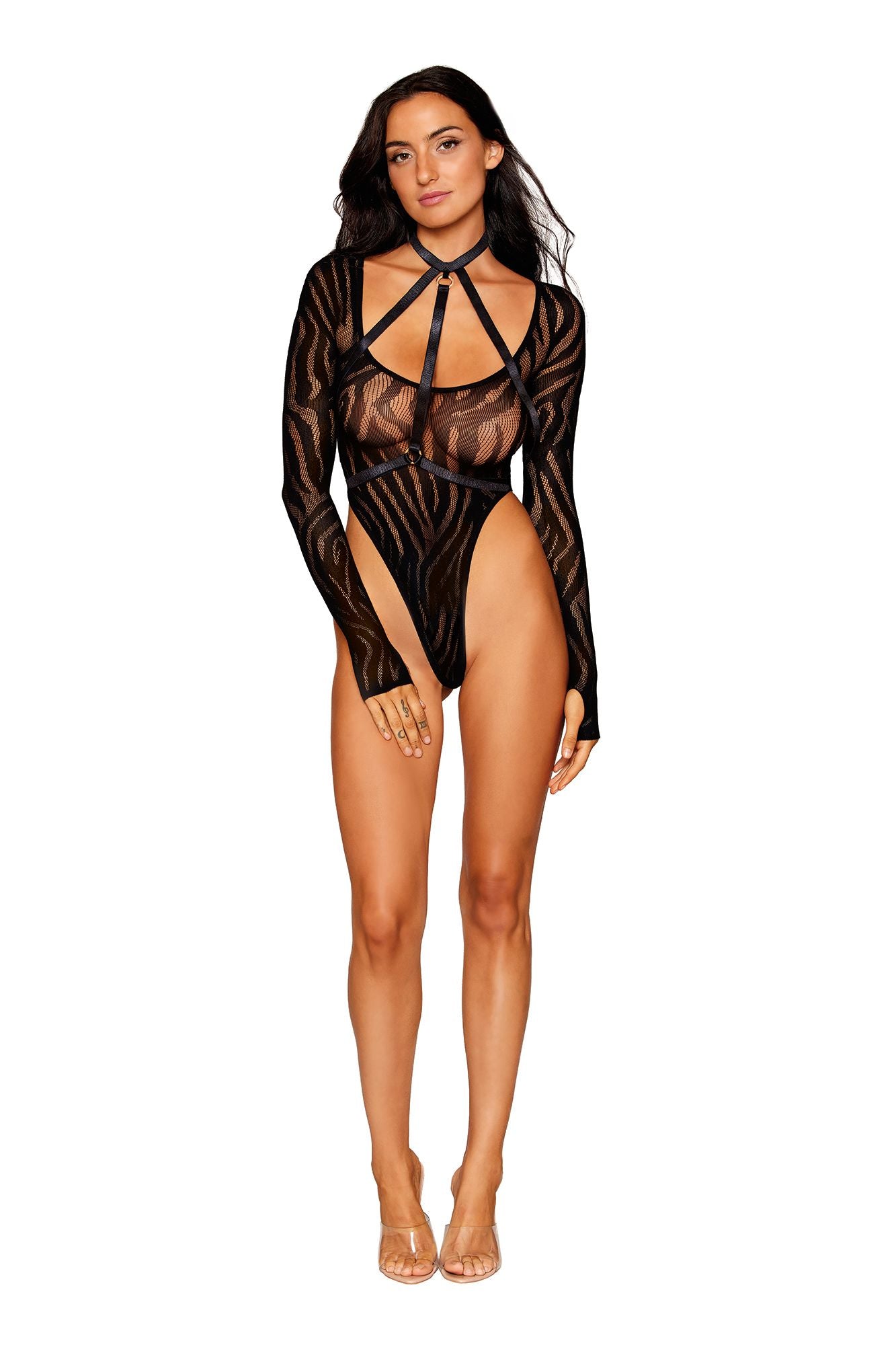 Dreamgirl Seamless Swirl Knit Pattern Teddy and Elastic Harness Set Black Size OS