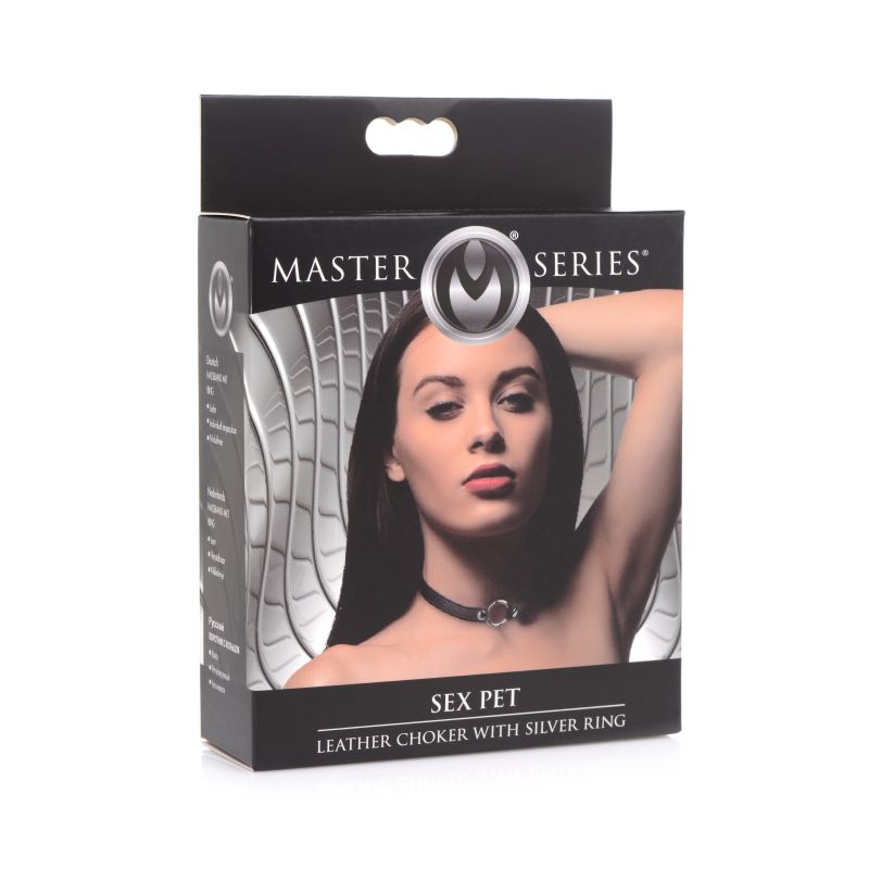 Master Series Sex Pet Leather Choker with Silver Ring Black