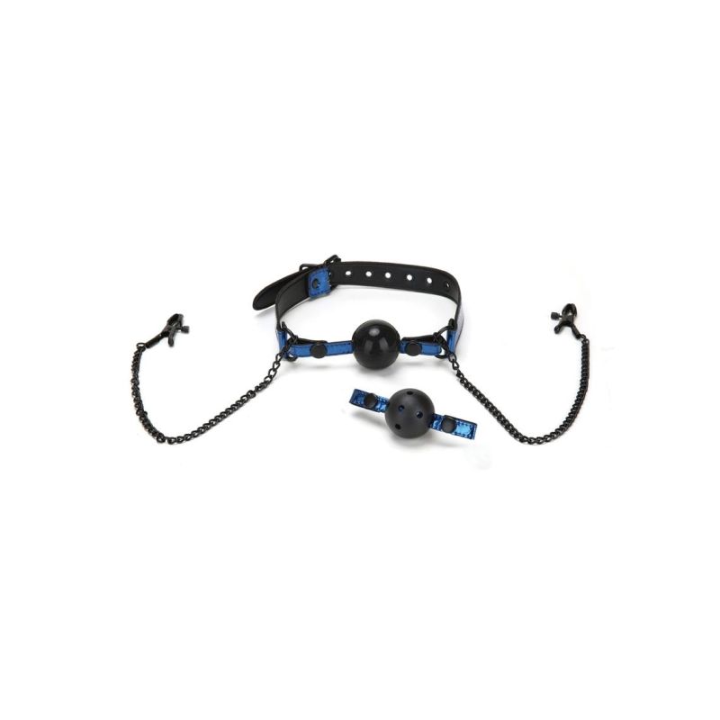 Whipsmart Diamond Ball Gag w Nipple Clips Blue