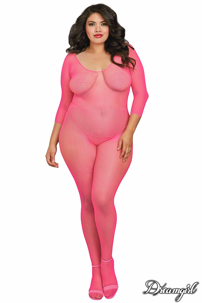 Dreamgirl Plus Size Fishnet Open Crotch Bodystocking Pink Size Queen