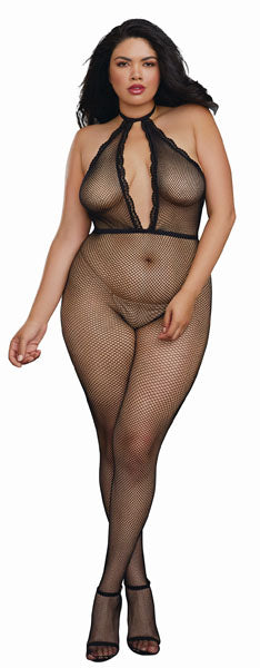 Dreamgirl Plus Size Fishnet Bodystocking with Plunging Halter Neckline Black Size OSX