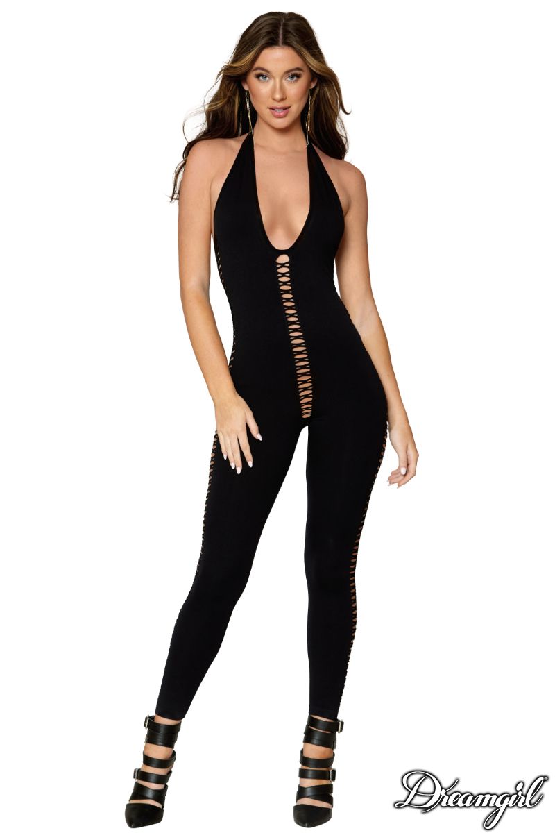 Dreamgirl Opaque Knitted Halter Catsuit Bodystocking With Plunging Neckline Size OS
