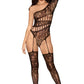 Dreamgirl Asymmetrical Lace Teddy Bodystocking With Attached Lace Stockings Black Size OS