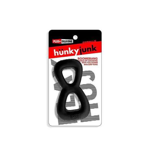 Hunkyjunk Boomerang Double-ring Cockring & Nut-tugger Black Fog