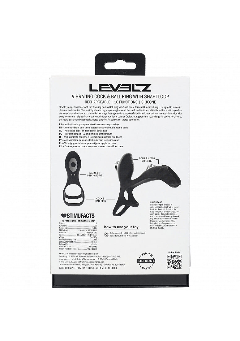 Shots Toys | LEVELZ - Vibrating Silicone Cock & Ball Ring with Shaft Loop - Black