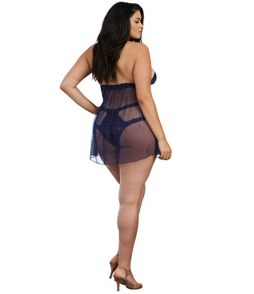 Dreamgirl Plus Size Stretch Lace and Mesh Babydoll with Matching Panty Size Queen