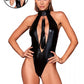 Dreamgirl Stretch Faux-Leather Halter Teddy with Studded Collar & Flogger Accessory Black Size OS