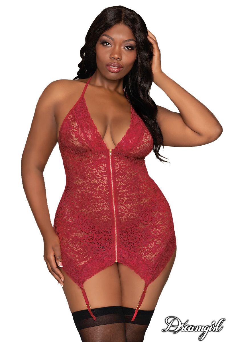 Dreamgirl Plus Size Stretch Lace Garter Slip & G-String Set with Halter Neck & Back Tie Closure Garnet Size OSQ