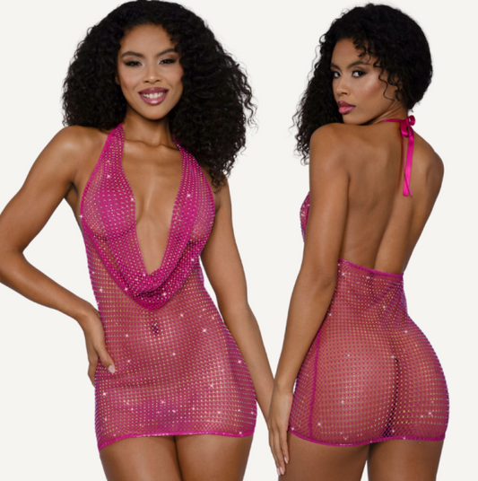 DreamGirl Rhinestone Cowl Neck Mini Dress Pink Size S/M or L/XL