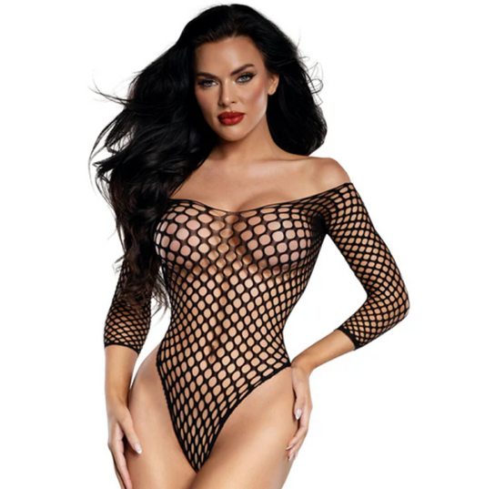 DreamGirl Fishnet Off The Shoulder Bodysuit Black Size OS