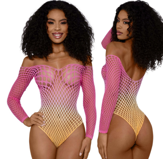 DreamGirl Fishnet Off The Shoulder Ombre Bodysuit Size OS