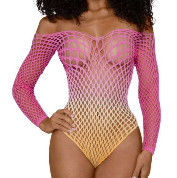 DreamGirl Fishnet Off The Shoulder Ombre Bodysuit Size OS