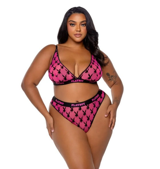 Playboy Lingerie Flocked Bunny 2 Pc Lingerie Set Pink Size XS/S/M/L