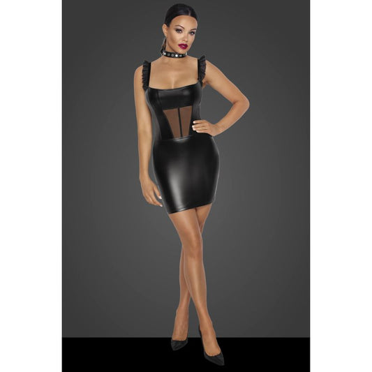 Noir Power Wetlook Short Dress w Front Tulle Inserts Size L