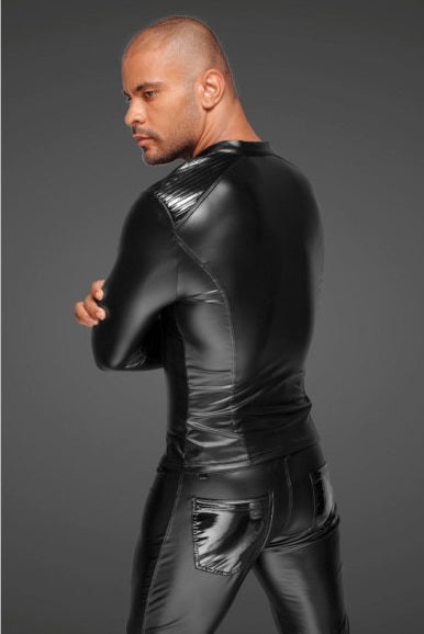 Noir Power Wetlook Mens Jacket w Pleated PVC Epaulets Size S/M/L/XL