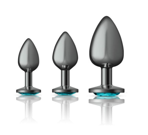 Cheeky Charms Round Metal Butt Plug Gunmetal 3 Pc Kit w Teal Jewel