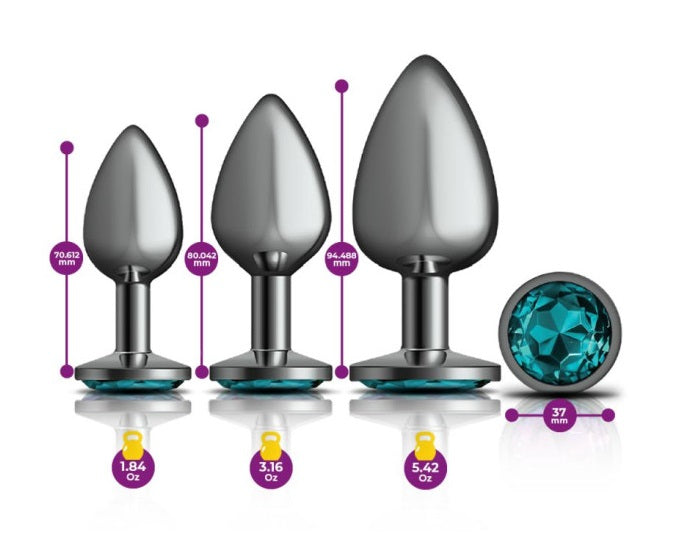 Cheeky Charms Round Metal Butt Plug Gunmetal 3 Pc Kit w Teal Jewel