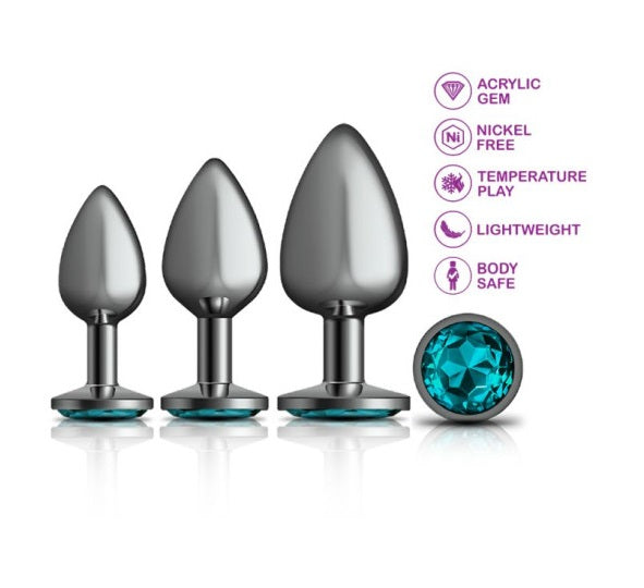 Cheeky Charms Round Metal Butt Plug Gunmetal 3 Pc Kit w Teal Jewel