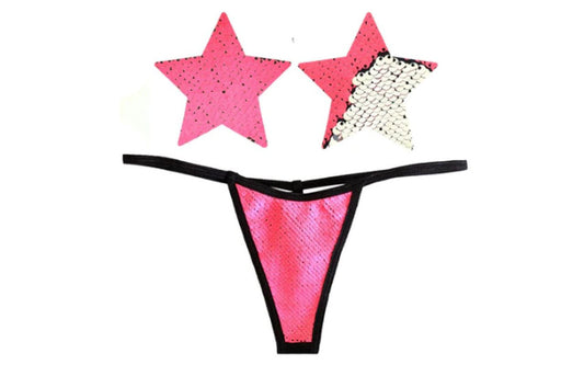 Neva Nude Bitchin Neon Pink and Silver Blacklight Sequin Pastie and Panty Set