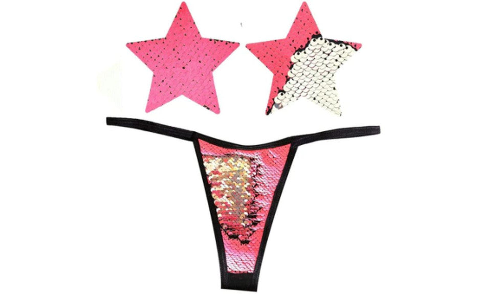 Neva Nude Bitchin Neon Pink and Silver Blacklight Sequin Pastie and Panty Set