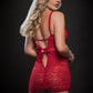 GWorld Sheer Lace Garter Dress with Strappy Details and Stockings 3 Pc Red OS