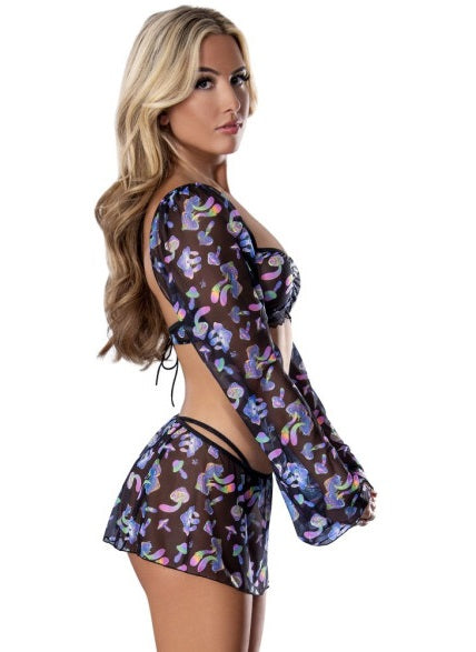 Magic Silk Exposed Mushroom Crop Top Skirt and G-String Set - Size S/M or L/XL