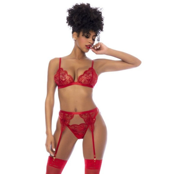 Mapale Red 3 Pc Set w/ Bralette, Garter Belt and Thong Size S/M or L/XL