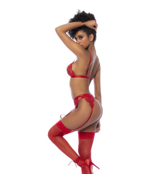 Mapale Red 3 Pc Set w/ Bralette, Garter Belt and Thong Size S/M or L/XL