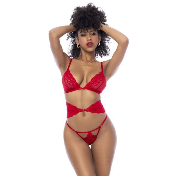 Mapale Red 3 Pc Set w/ Bra, Panties and Flexible Corset Size S/M or L/XL