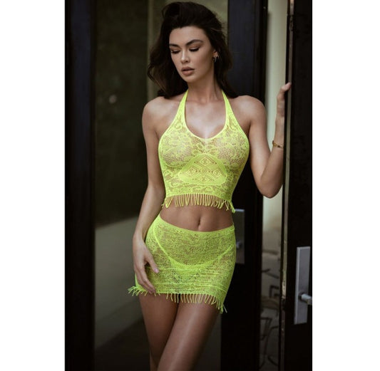 Killer Legs Eyelash Lace 3 Pc Crop, Skirt and Thong Neon Yellow Size OS